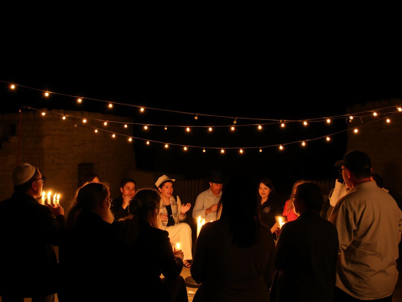 Niggun circle under string lights at night